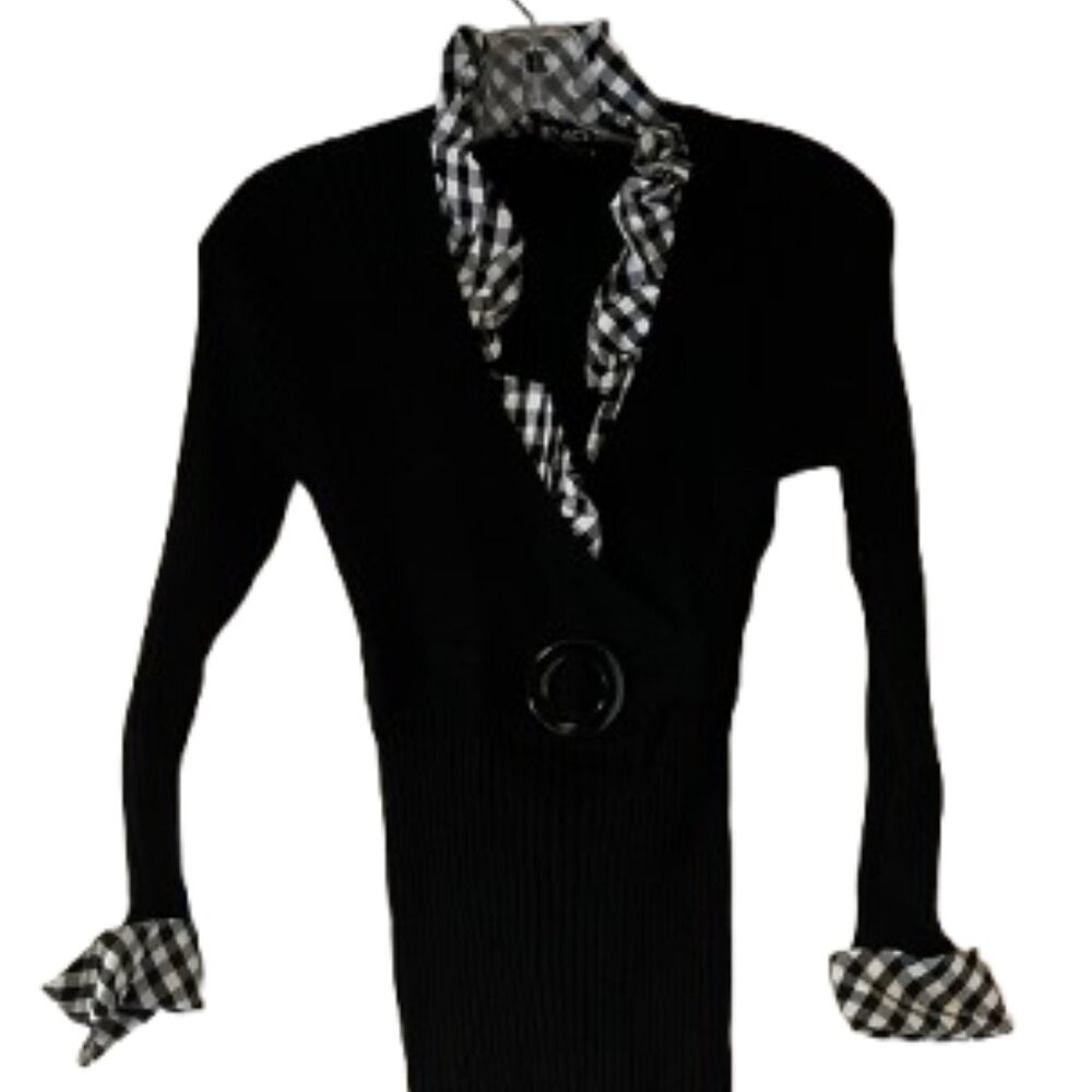 Tracy M. Black Stretch Sweater w/Houndstooth Ruffle Collar & Cuffs - Large